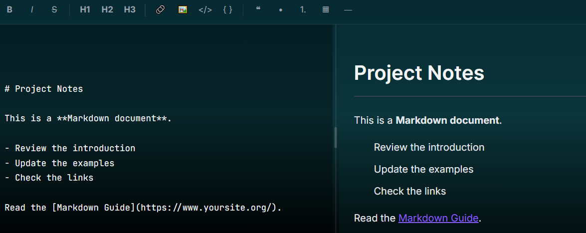 Raw Markdown on the left and the rendered preview on the right in the ShareMD editor