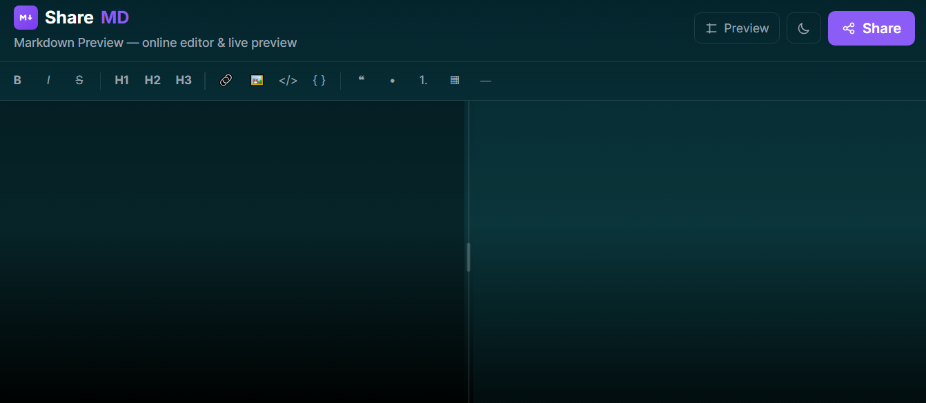 The ShareMD Markdown Preview editor with a formatting toolbar and empty editor and preview panels