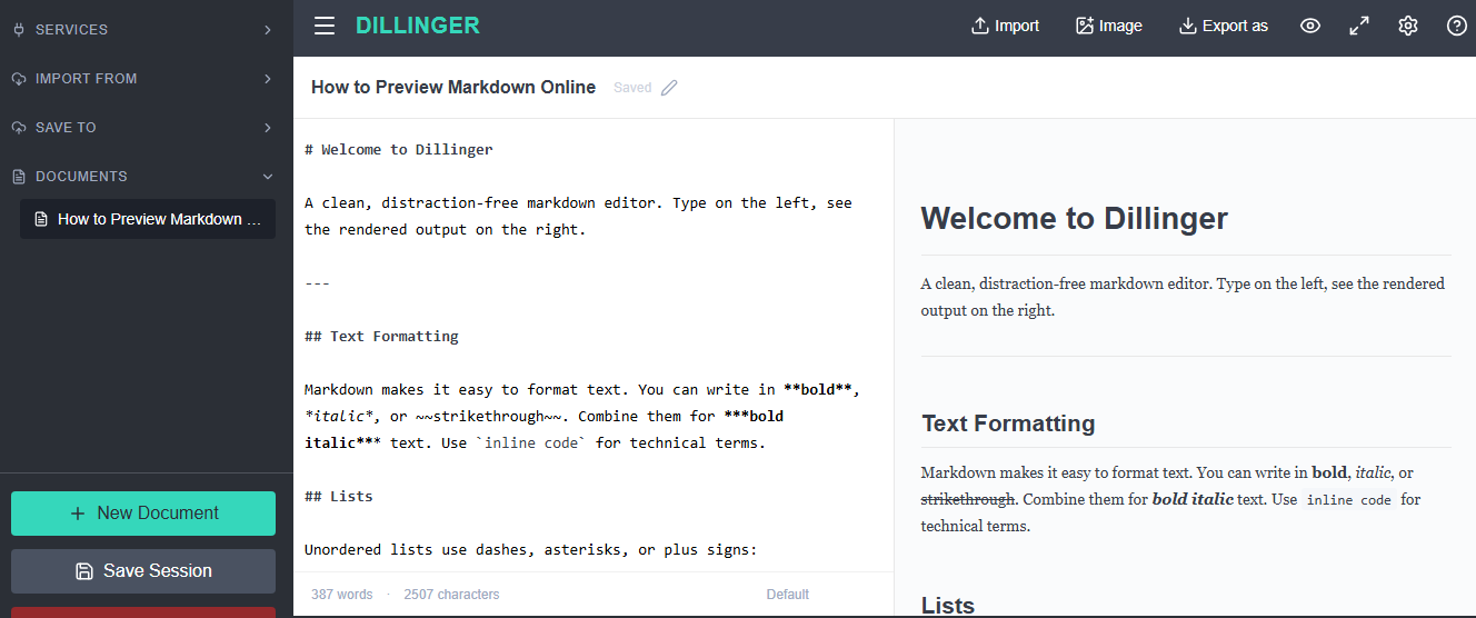 The Dillinger editor with Markdown on the left and the rendered preview on the right