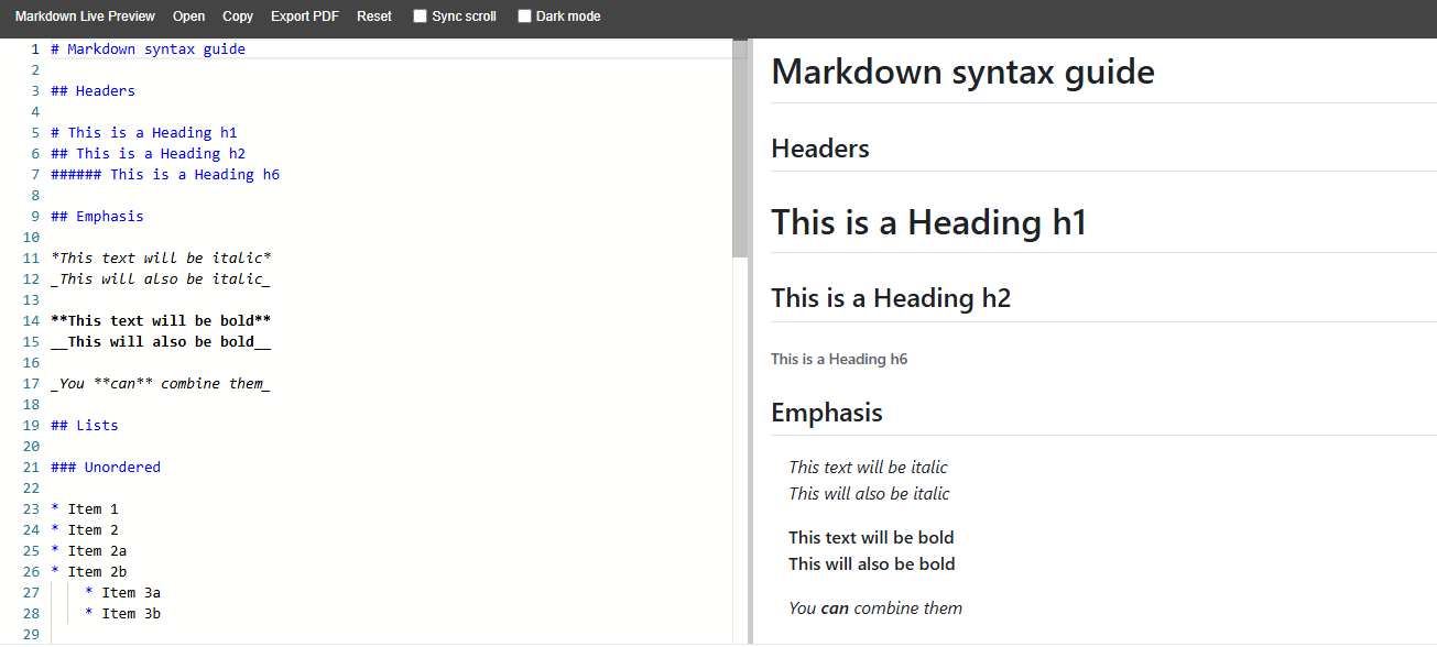 Markdown Live Preview with the Markdown source on the left and the preview on the right